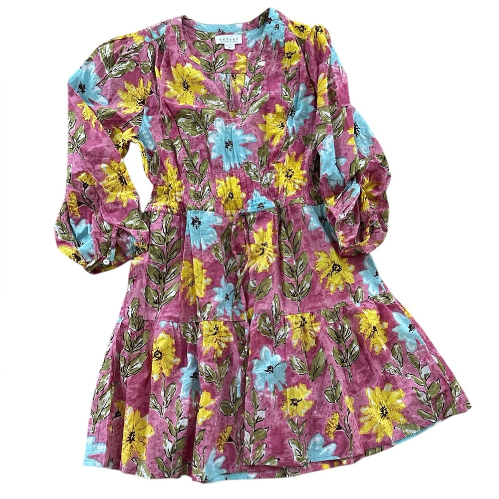 Anthropologie Velvet Floral Dress in Yellow and Blue